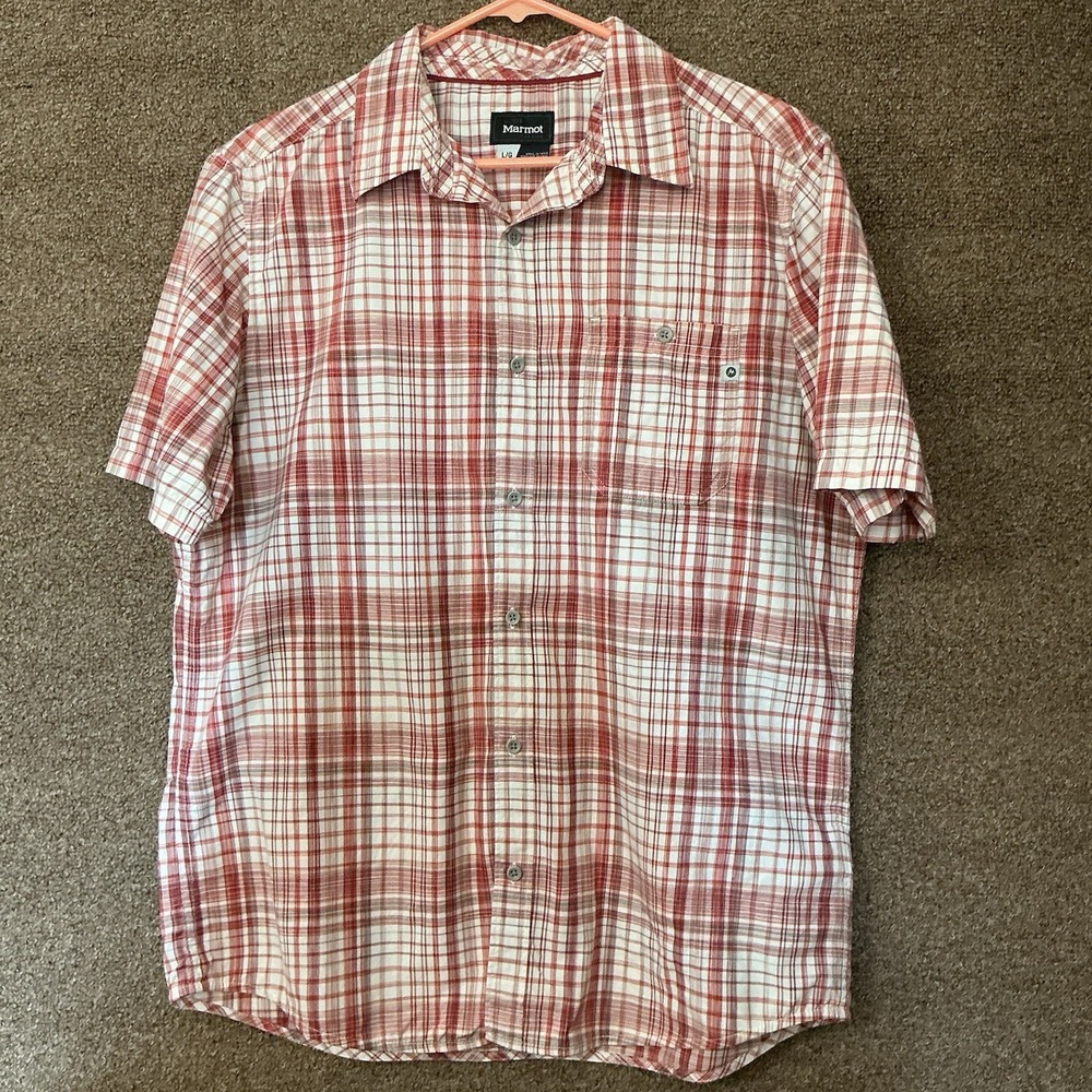 Marmot Men's Plaid Short Sleeve Button‎ Shirt Sz L Red White Gray Organic Cotton
